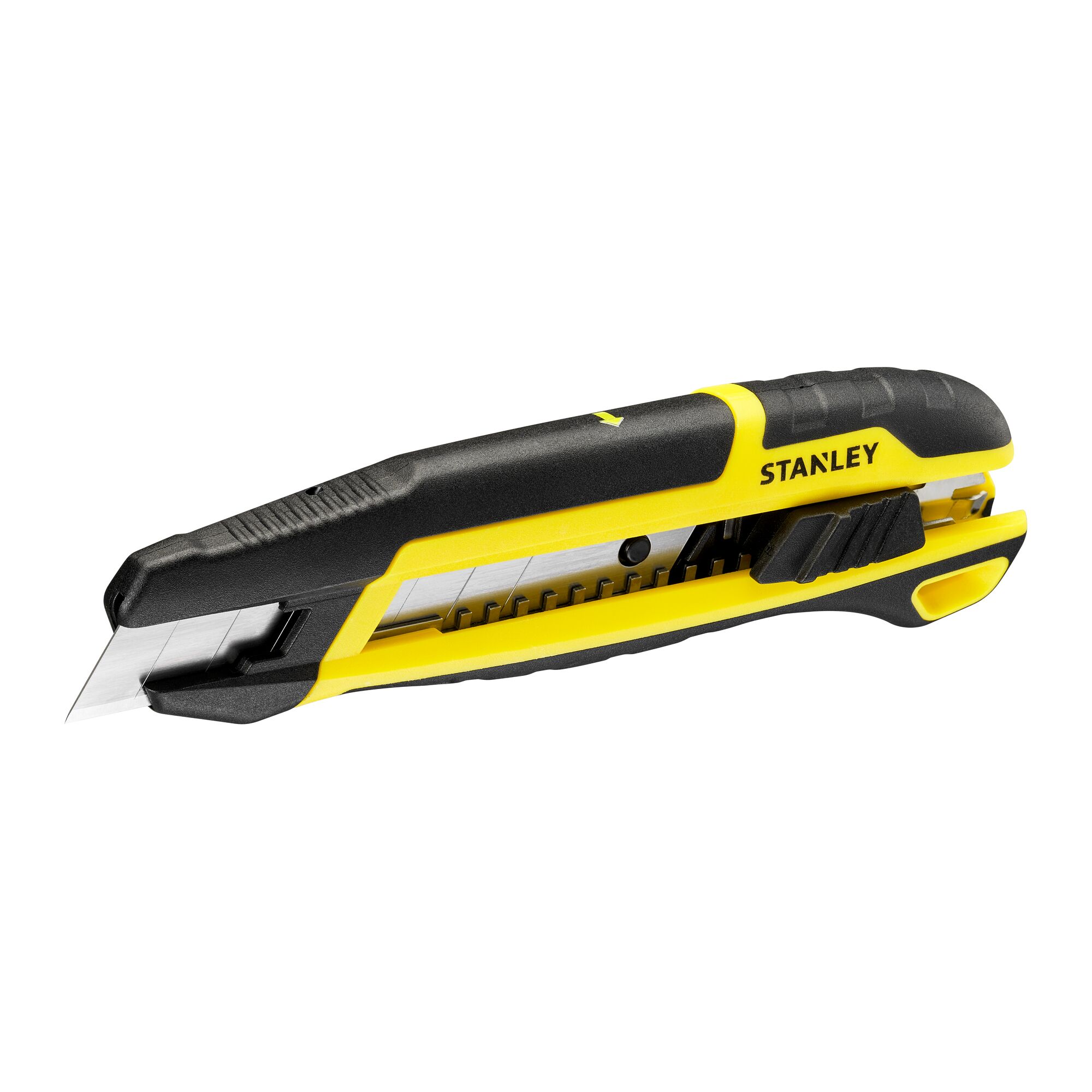 Photo du cutter STANLEY STHT10501-0, noir et jaune, vue latérale sur fond blanc.